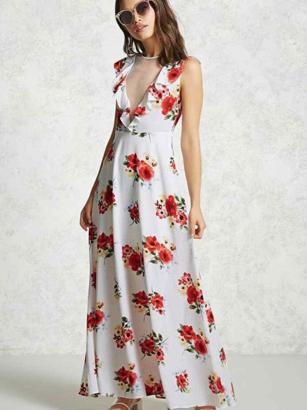 Forever 21 White Red Floral Ruffle Mesh Maxi Dress Medium M